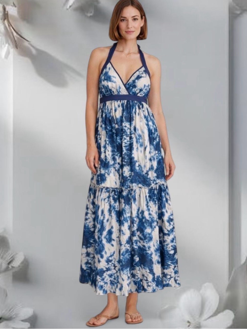 Moda International Blue And White Tie-Dye Halter Maxi Dress